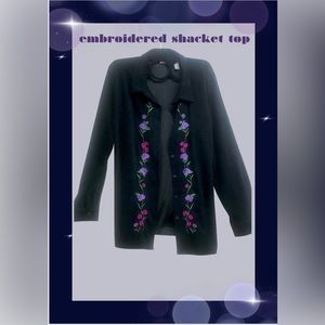 Black embroidered, faux suede big shirt- shacket style, notched hem on sides XL